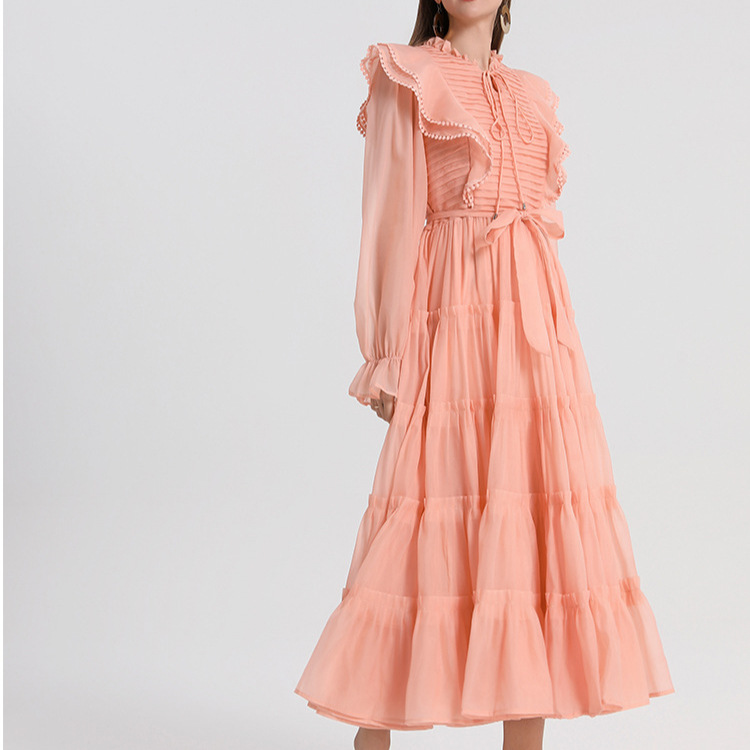 French high-end fashion dress with women's design sense, ruffle edge splicing strap, waist cinching temperament, mesh large swing long skirt