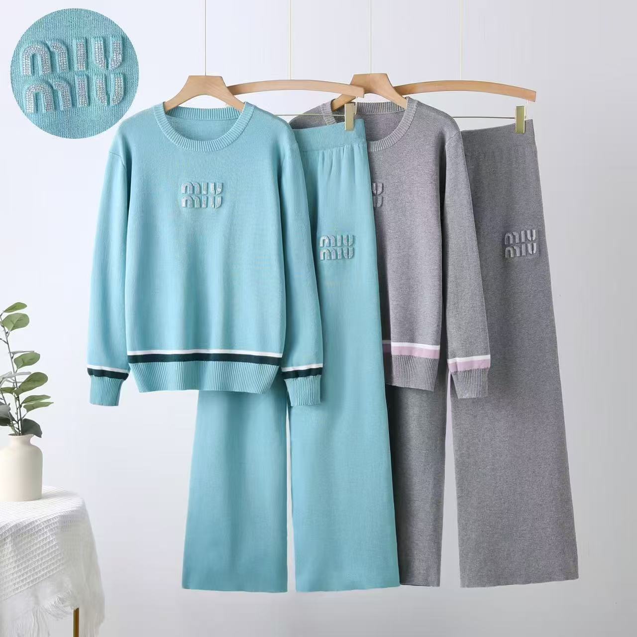 Cross border women's knitted suit early spring new fashionable and versatile commuting letter printed knitted top with high waist and wide legs