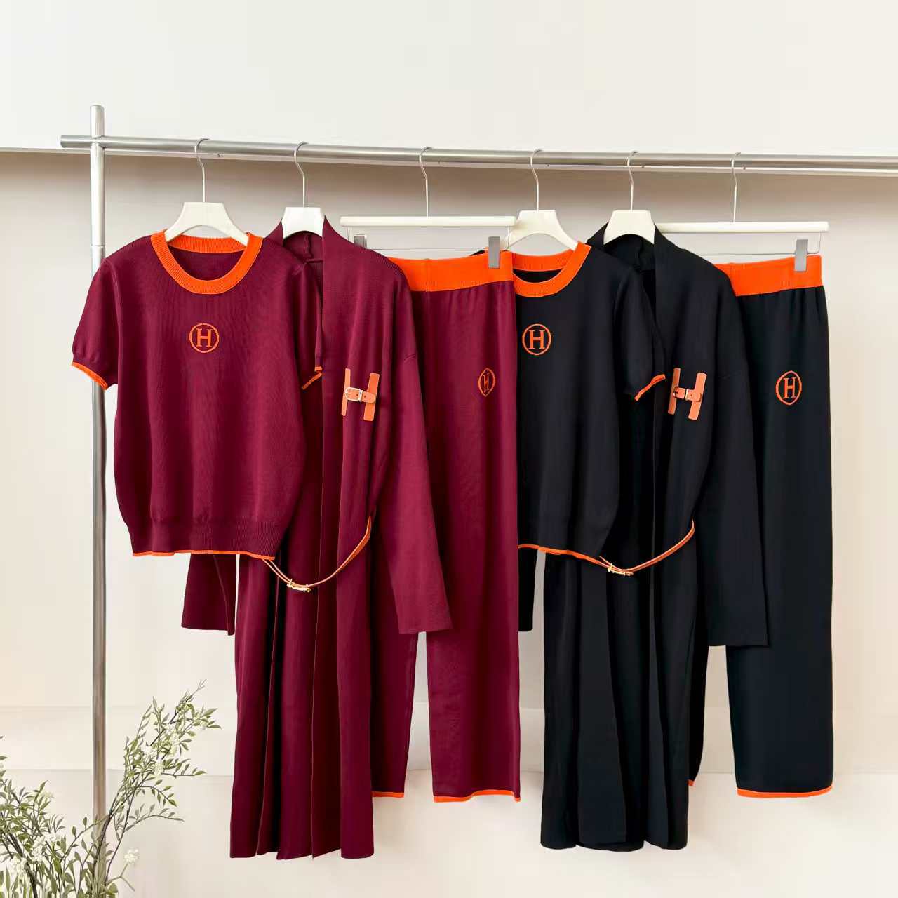 Foreign trade Europe and America loose plus size knitted long cardigan jacket, color blocked top, wide leg pants, simple three piece set