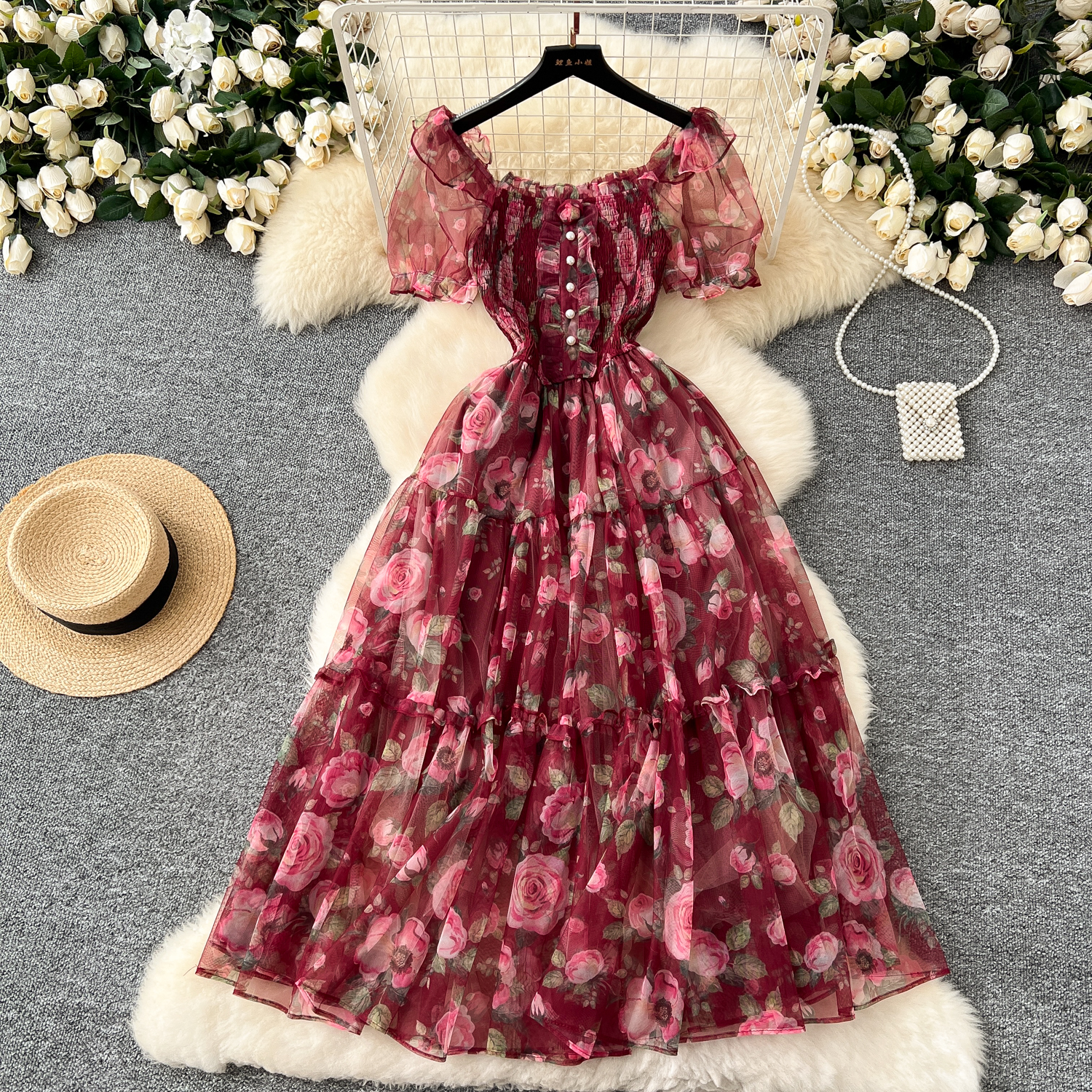 Tea break retro French gentle style floral chiffon dress for women with a cinched waist and a one shoulder puff sleeve mesh skirt Tea break retro French gentle style floral chiffon dress for women with a cinched waist and a one shoulder puff sleeve mesh skirt