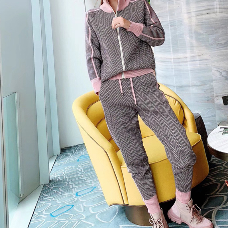 European Station Spring and Autumn Style Fashionable Western Style Small Fragrant Style Slimming Zipper Pattern Knitted Casual Sports Two Piece Set for Women
