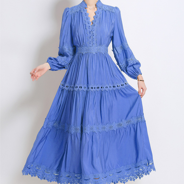 Retro palace style bubble sleeve dress for women in autumn with hollowed out hook and flower cross collar design, exquisite temperament long skirt