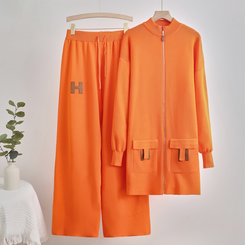 Cross border European and American solid color woolen suit loose knit zipper pocket sweater top+drawstring loose wide leg pants Cross border European and American solid color woolen suit loose knit zipper pocket sweater top+drawstring loose wide leg pants