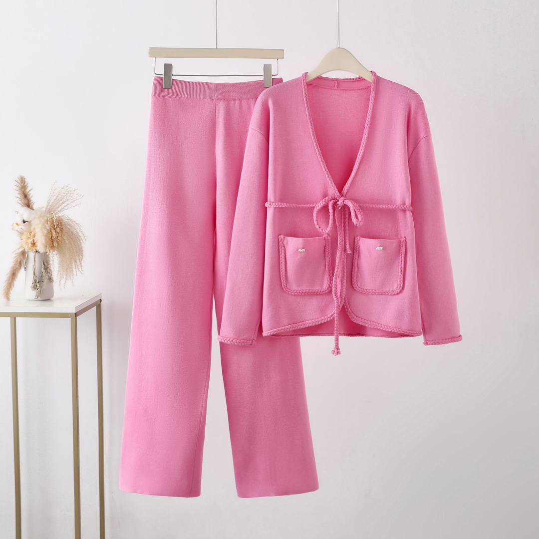 Small niche design foreign trade wool knitted sweater two-piece set solid color casual small fragrant style jacket woven belt set