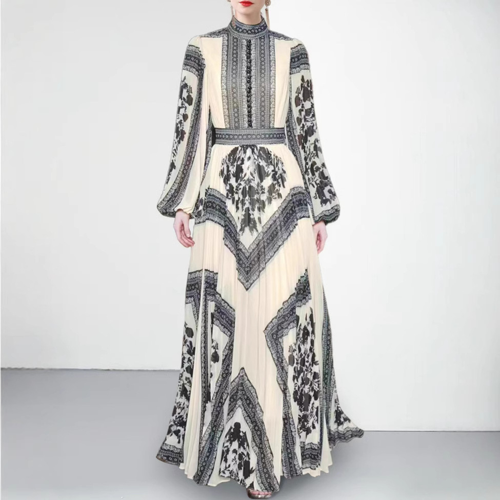 Elegant stand up collar lantern sleeves from Europe and America, printed with positioning, waist cinched, pleated, large swing long dress, women's clothing 2025 new style