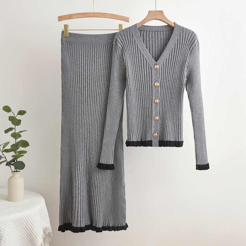 French style light luxury retro V-neck ruffle edge patchwork long sleeved cardigan top, women's high waist, hip hugging skirt two-piece set