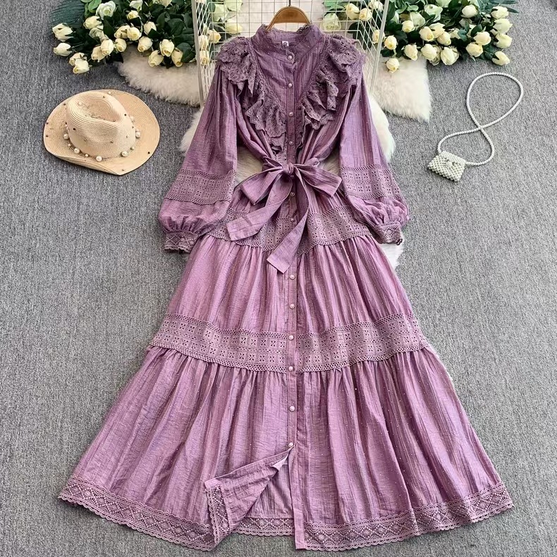 French retro elegant lace ruffle edge spliced lantern sleeve dress for women in autumn, with tied waist and hot pressed diamond long skirt