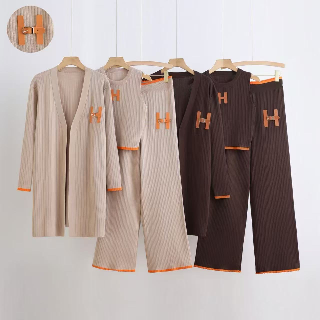 Cross border 25 Spring and Autumn style simple and versatile temperament sleeveless vest wide leg pants knitted long cardigan jacket three piece set Cross border 25 Spring and Autumn style simple and versatile temperament sleeveless vest wide leg pants knitted long cardigan jacket three piece set