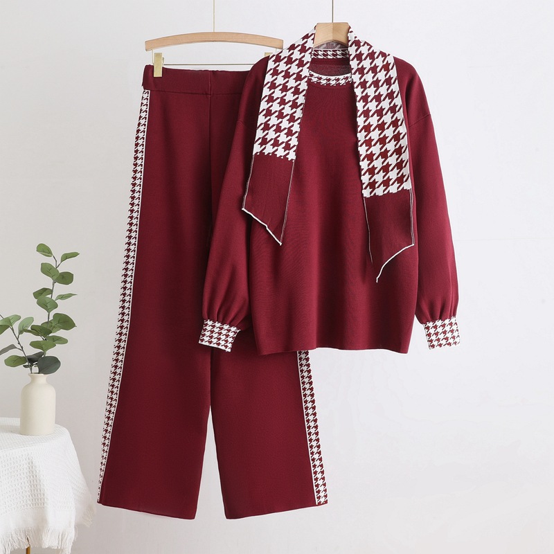 European and American style autumn and winter knitted suit, high waisted temperament knitted top, wide leg pants with a herringbone scarf set
