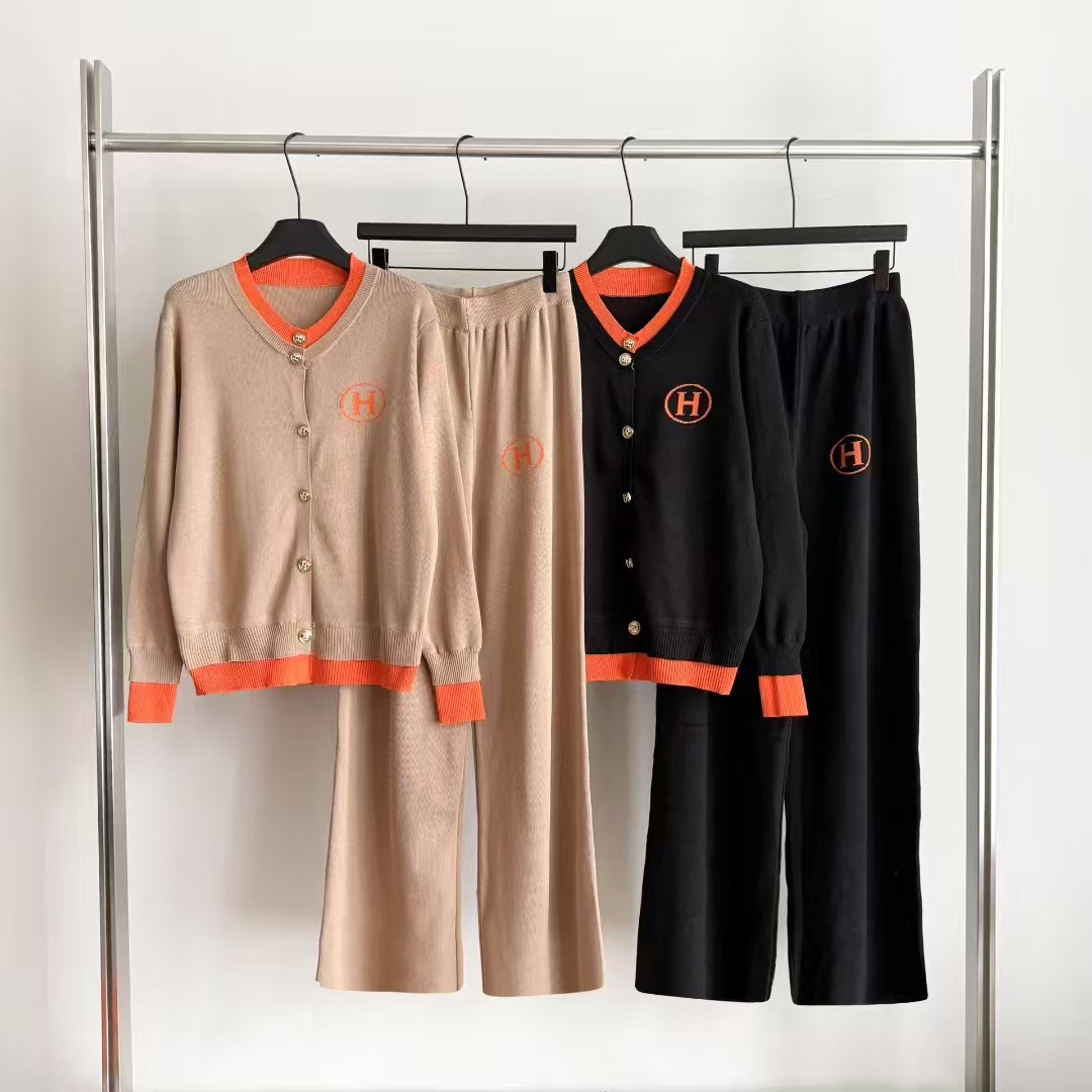 Cross border Spring and Autumn new sweater cardigan jacket women's embroidered knitted sweater long sleeved top two-piece set high waist wide leg pants