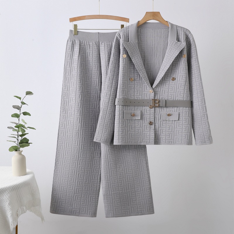 Cross border new comfortable women's clothing maze jacquard pattern B-shaped breasted lapel, waist cinched knit long sleeved pants set Cross border new comfortable women's clothing maze jacquard pattern B-shaped breasted lapel, waist cinched knit long sleeved pants set