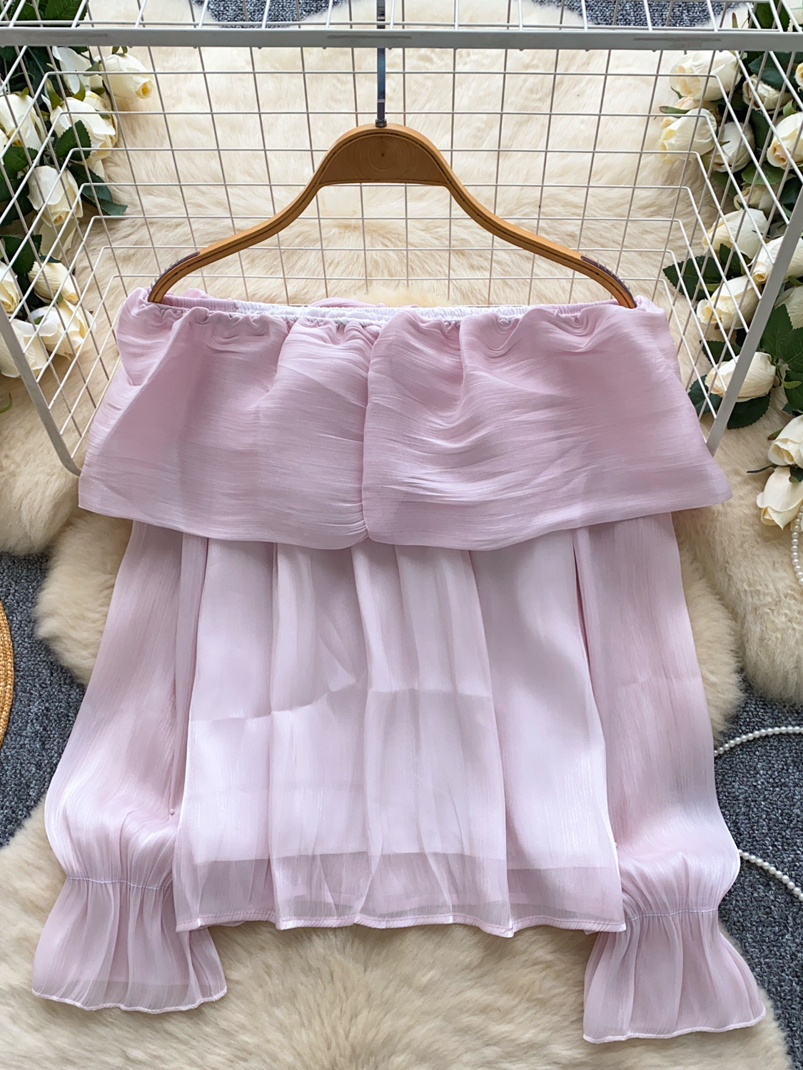 Gentle and elegant one shoulder lace up ruffle edge long sleeved shirt for women in autumn, versatile and stylish pearl mesh top Gentle and elegant one shoulder lace up ruffle edge long sleeved shirt for women in autumn, versatile and stylish pearl mesh top