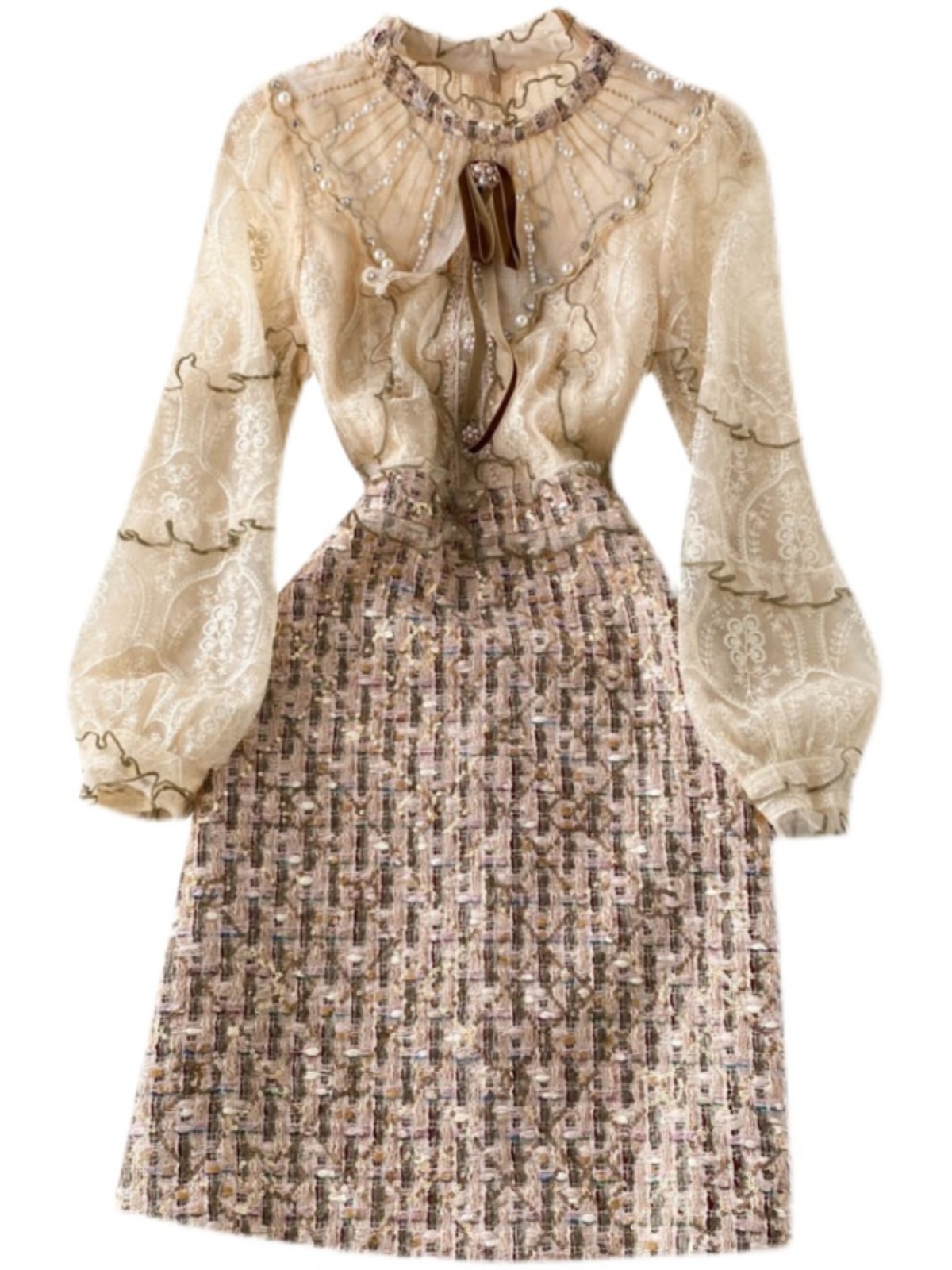 High end light luxury women's clothing French retro small fragrant style dress, socialite temperament heavy industry nail bead unique design feeling skirt High end light luxury women's clothing French retro small fragrant style dress, socialite temperament heavy industry nail bead unique design feeling skirt