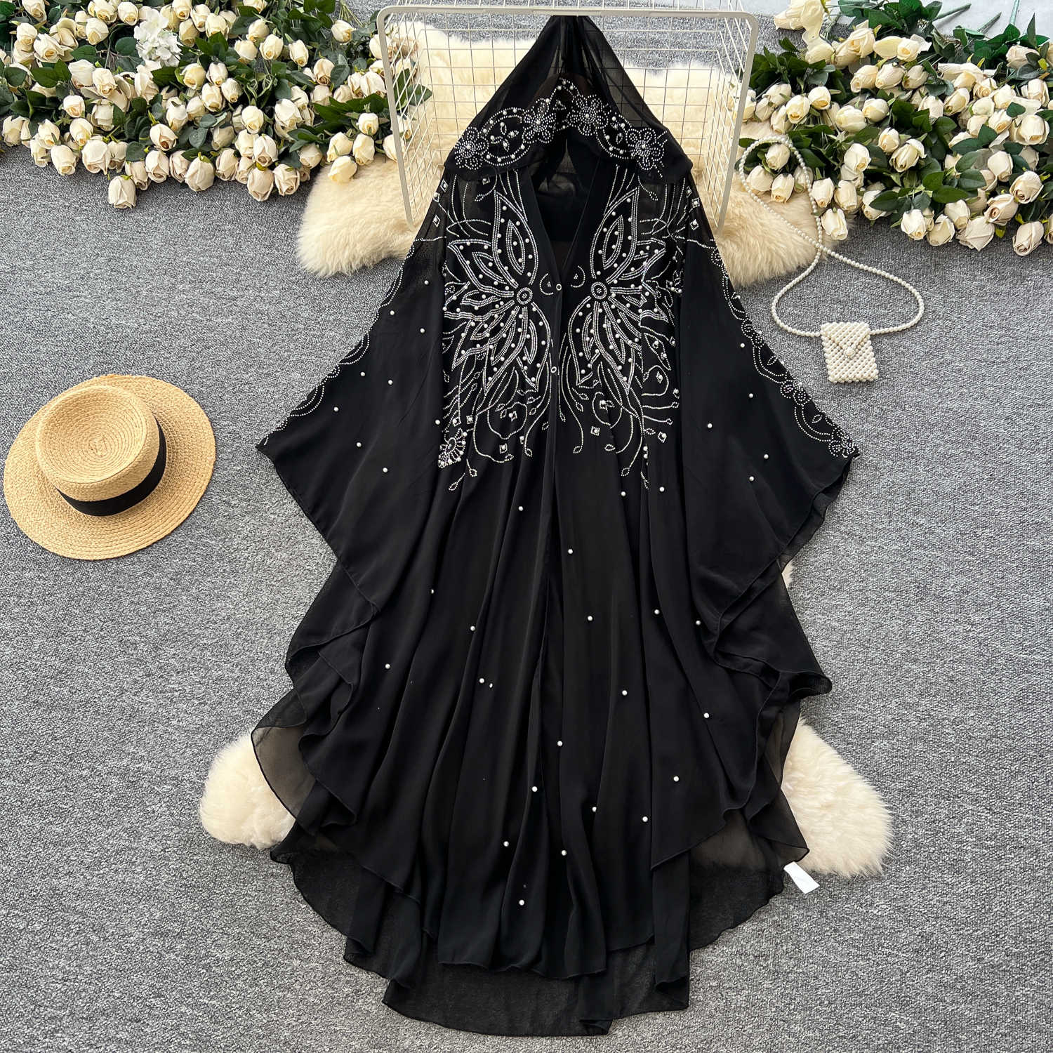 European and American fashion heavy industry nail bead hooded shawl jacket women's summer loose irregular thin cape mesh hood shirt European and American fashion heavy industry nail bead hooded shawl jacket women's summer loose irregular thin cape mesh hood shirt