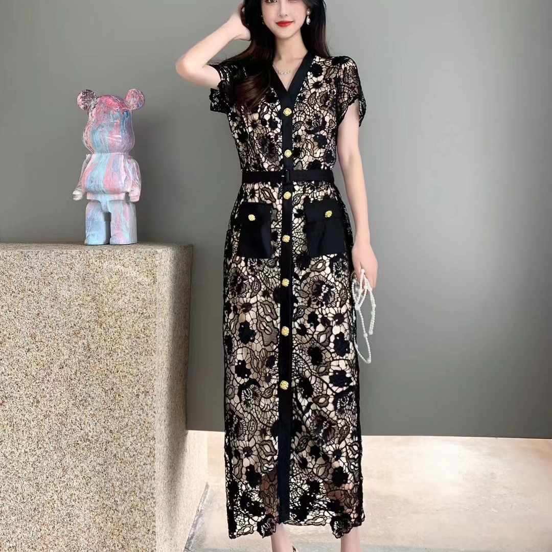 Summer new sweet and feminine lace high-end breasted pocket princess dress with goddess temperament for photography vacation