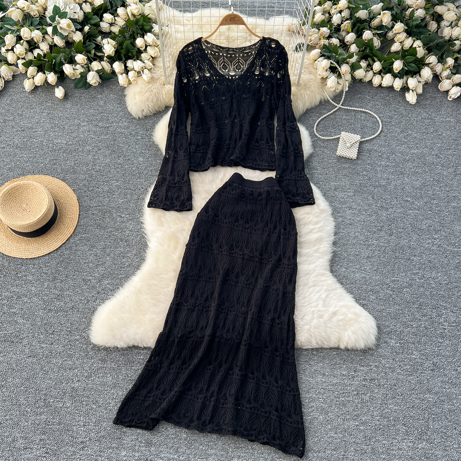 Two piece temperament set for women, gentle and versatile with flared sleeves and hollowed out crochet knit top+high waist slimming skirt Two piece temperament set for women, gentle and versatile with flared sleeves and hollowed out crochet knit top+high waist slimming skirt