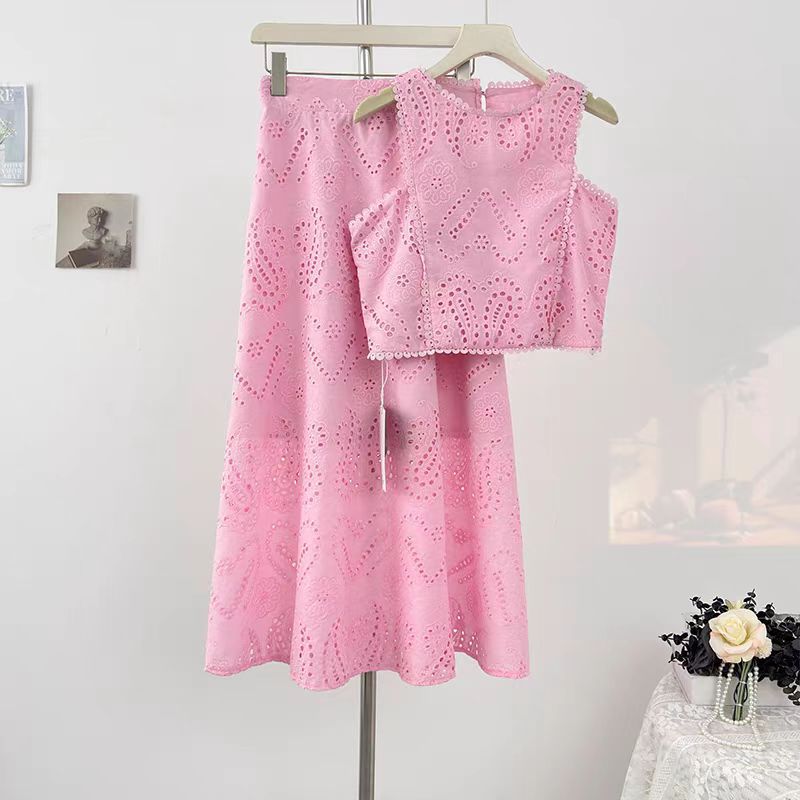French retro hollow hook flower design set for women's summer sleeveless vest top, high waisted elastic large swing skirt