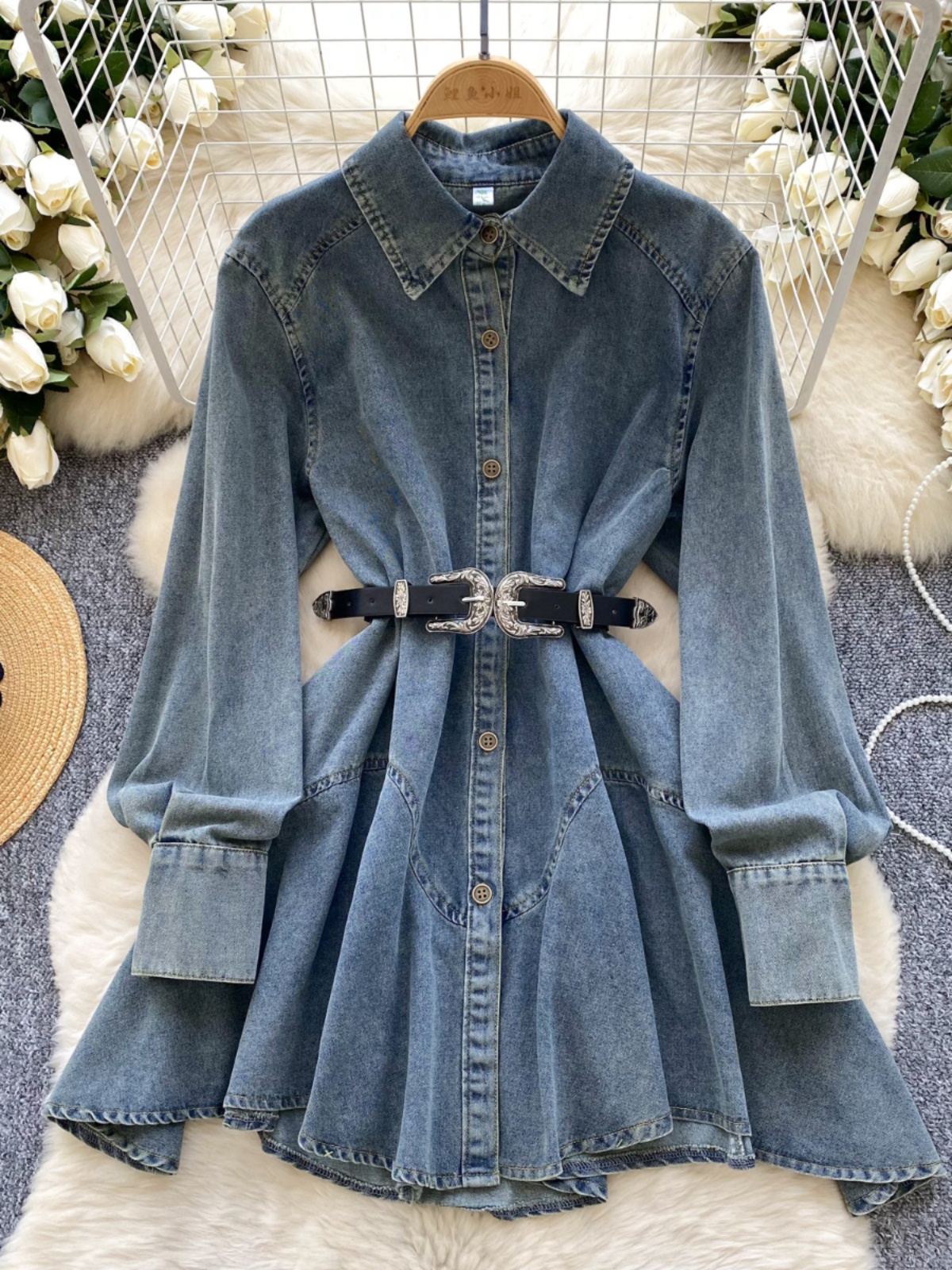 Spring New Chic Hong Kong style Retro High end Loose and Skinny Irregular Strap up Cowboy Dress for Women
