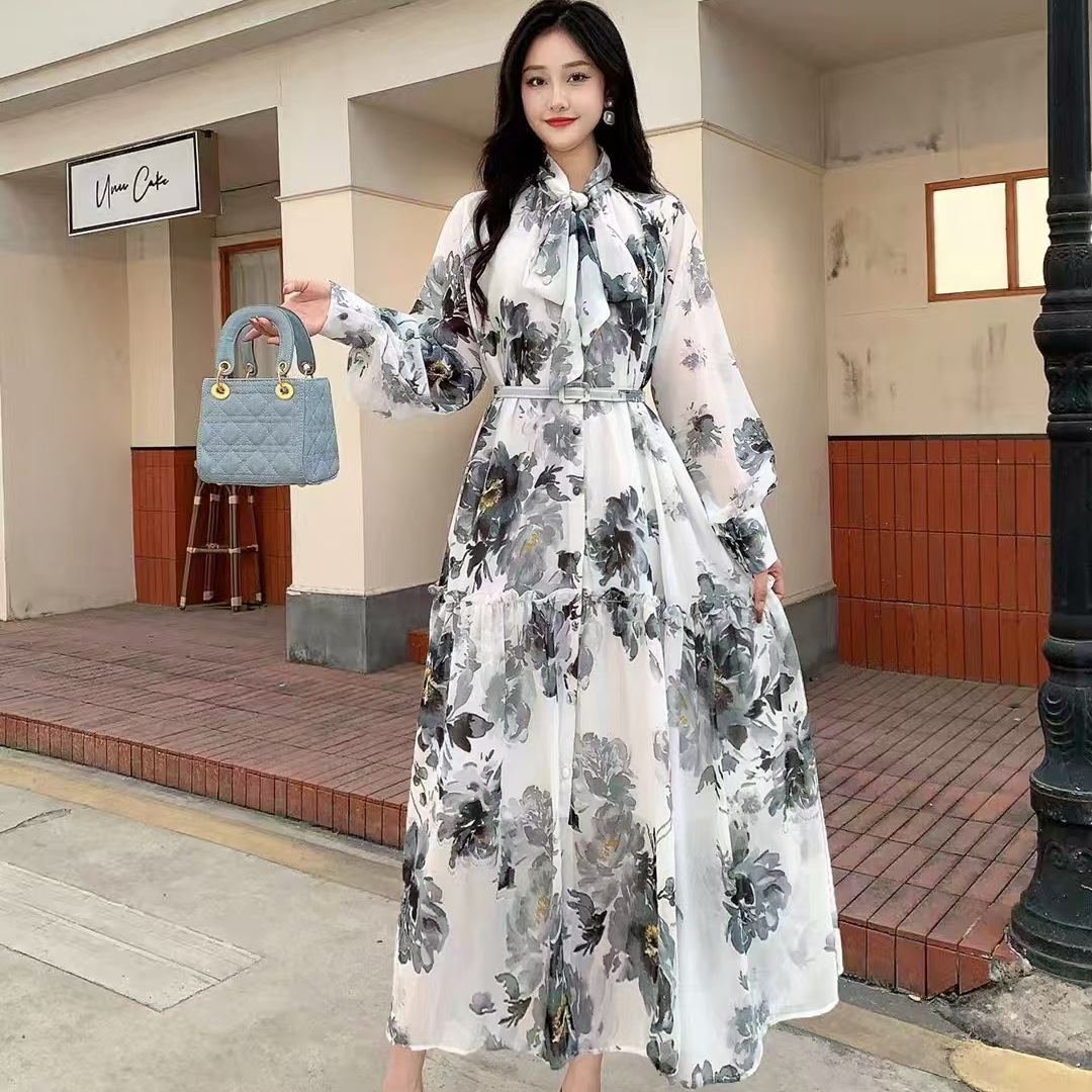 Waist slimming spring new style French style bow mid long retro printed chiffon dress for women