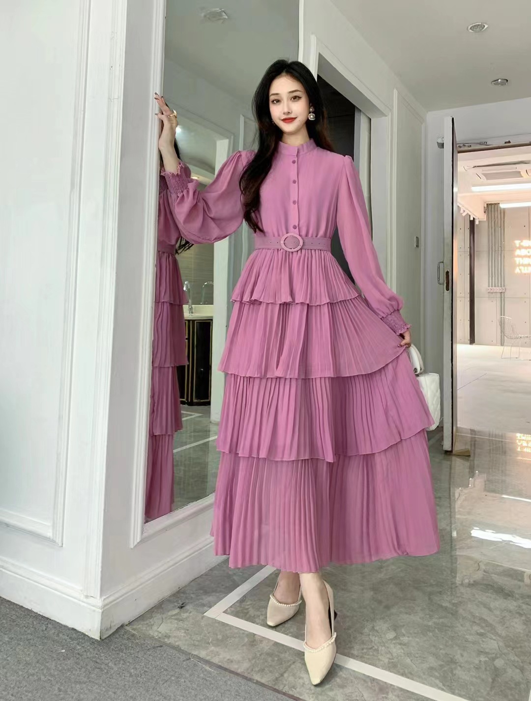 Cross border single breasted chiffon large display slimming A-line skirt French waist cinched pleated long skirt new ladies' dress trend