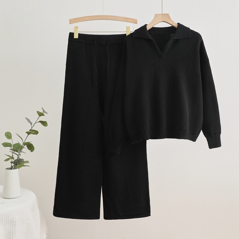 2024 Korean Style Casual Solid Color Knitted Collar Autumn/Winter Top Drawstring Wide Leg Pants Fashion Commuter Set 2024 Korean Style Casual Solid Color Knitted Collar Autumn/Winter Top Drawstring Wide Leg Pants Fashion Commuter Set