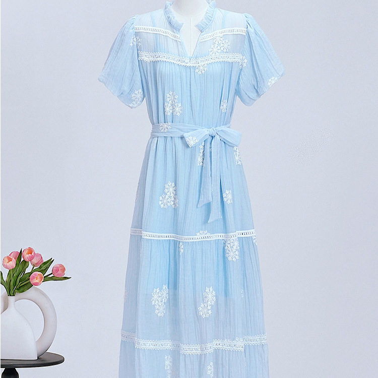 French retro heavy industry embroidered bubble sleeve dress for women's summer new collection with waist cinching straps, slimming and elegant long skirt