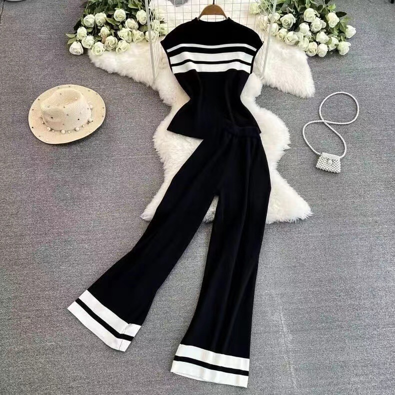 Fashion suit women's Korean version sleeveless slim knit top two-piece set casual high waist slimming straight leg wide leg pants Fashion suit women's Korean version sleeveless slim knit top two-piece set casual high waist slimming straight leg wide leg pants