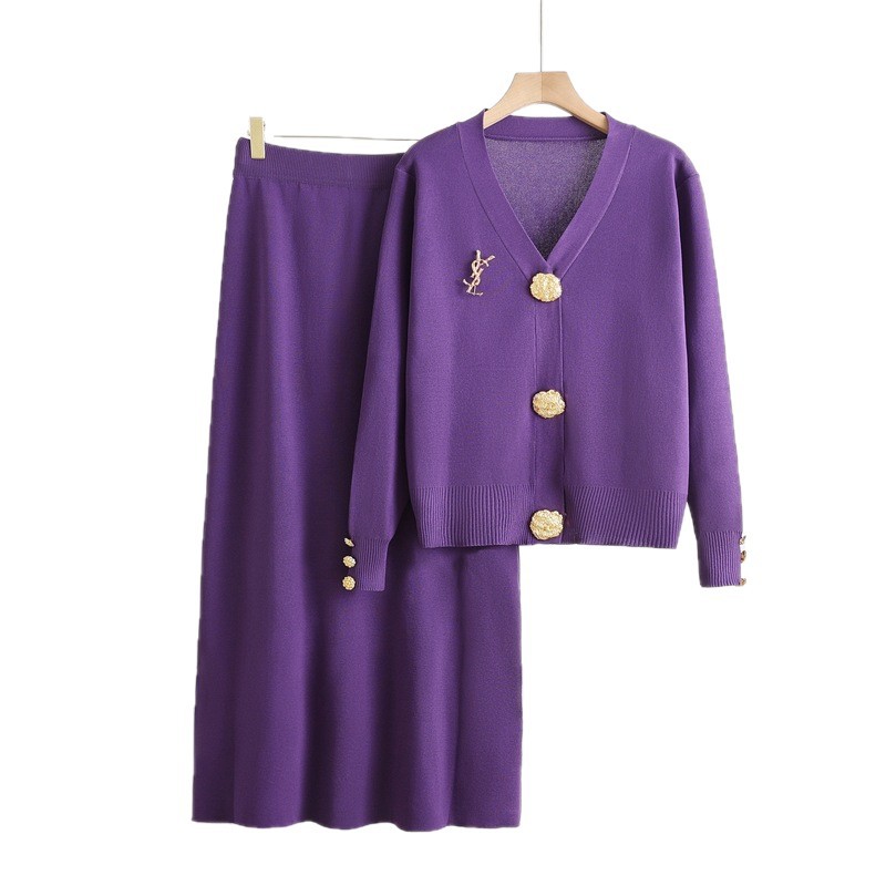 Cross border 2025 Xiaoxiangfeng Knitted Jacket New Celebrity Solid Color Cardigan+High Waist Half Skirt Two Piece Set Cross border 2025 Xiaoxiangfeng Knitted Jacket New Celebrity Solid Color Cardigan+High Waist Half Skirt Two Piece Set