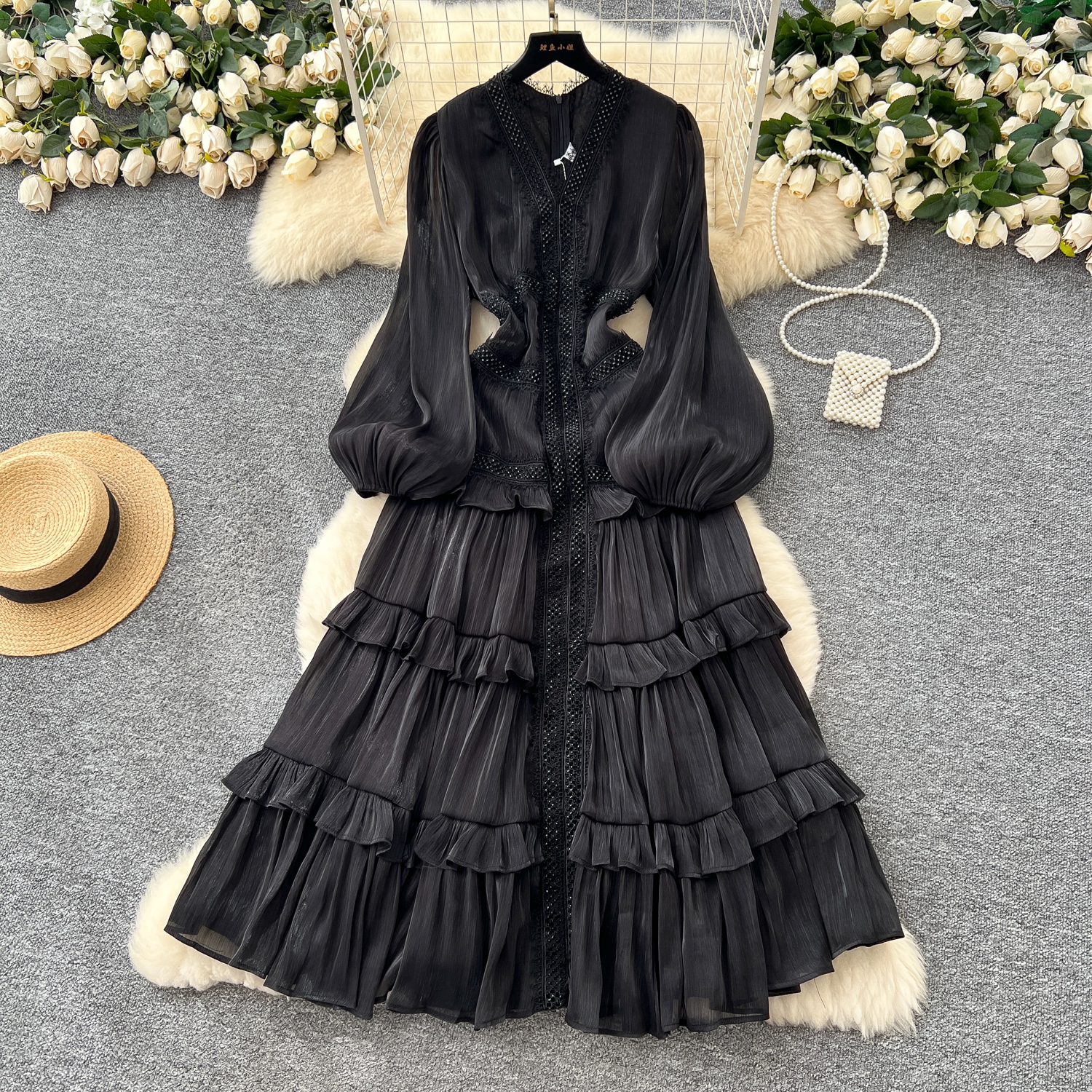 French elegant temperament dress, women's heavy industry hot stamping lace splicing waist slimming lantern sleeves ruffle edge long skirt French elegant temperament dress, women's heavy industry hot stamping lace splicing waist slimming lantern sleeves ruffle edge long skirt