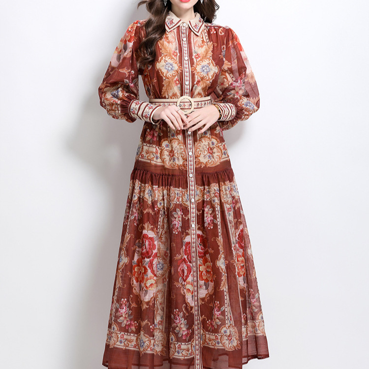 European and American retro and western-style palace print lapel lantern sleeves cinched waist single breasted dress for women, slim and elegant long skirt