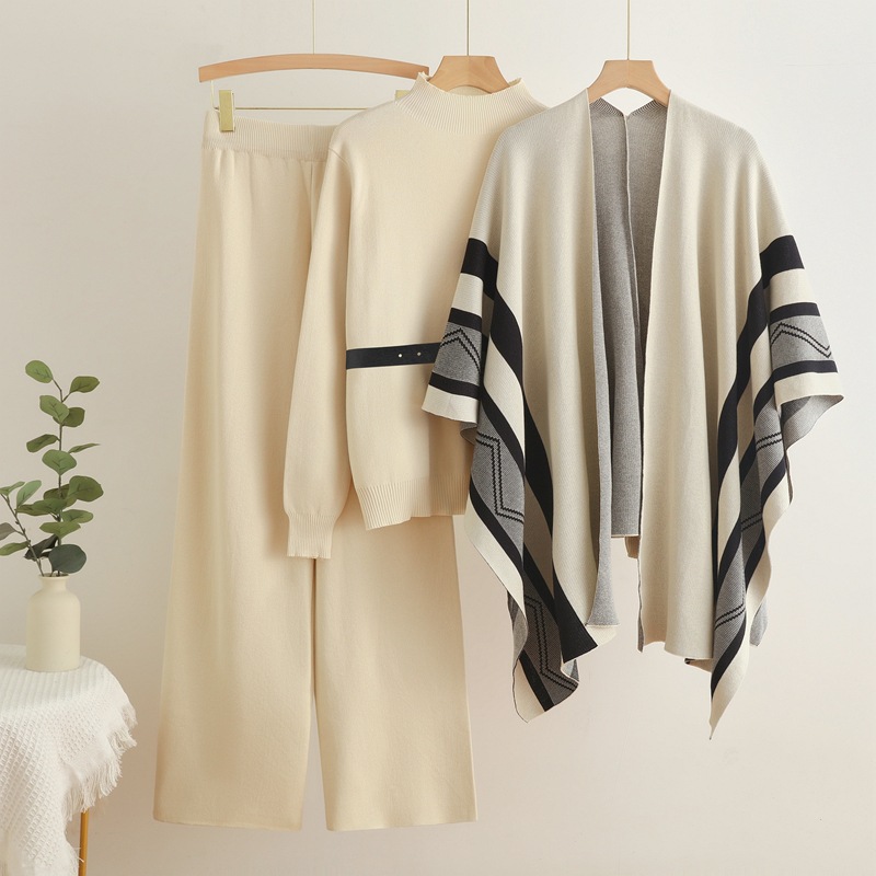 Cross border foreign trade fashion spring and autumn loose casual shawl cardigan jacket+high neck sweater base+wide leg pants three pieces Cross border foreign trade fashion spring and autumn loose casual shawl cardigan jacket+high neck sweater base+wide leg pants three pieces