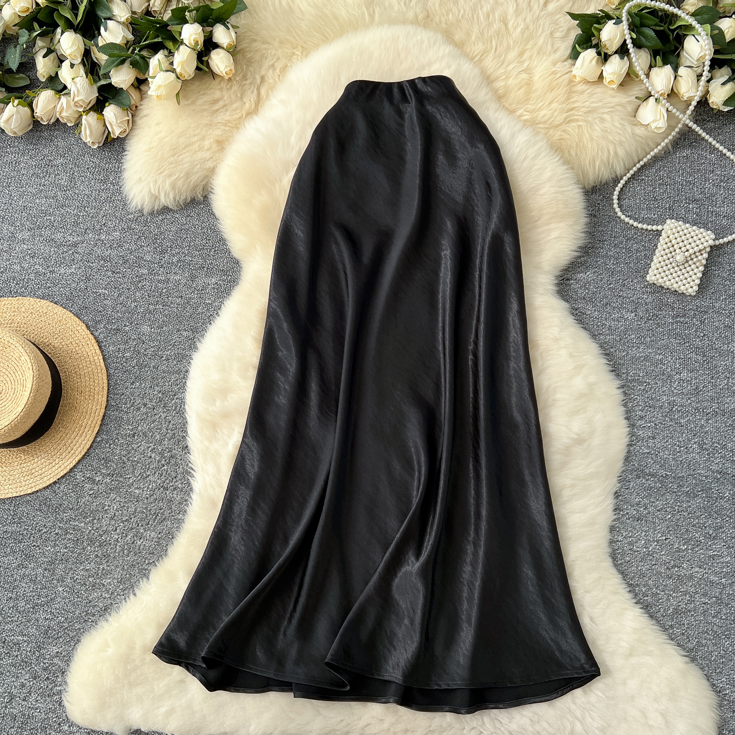 High end satin midi skirt for women 2025 new style, light luxury, high waist, slimming A-line package, hip sagging sensation, fish tail mid length skirt High end satin midi skirt for women 2025 new style, light luxury, high waist, slimming A-line package, hip sagging sensation, fish tail mid length skirt