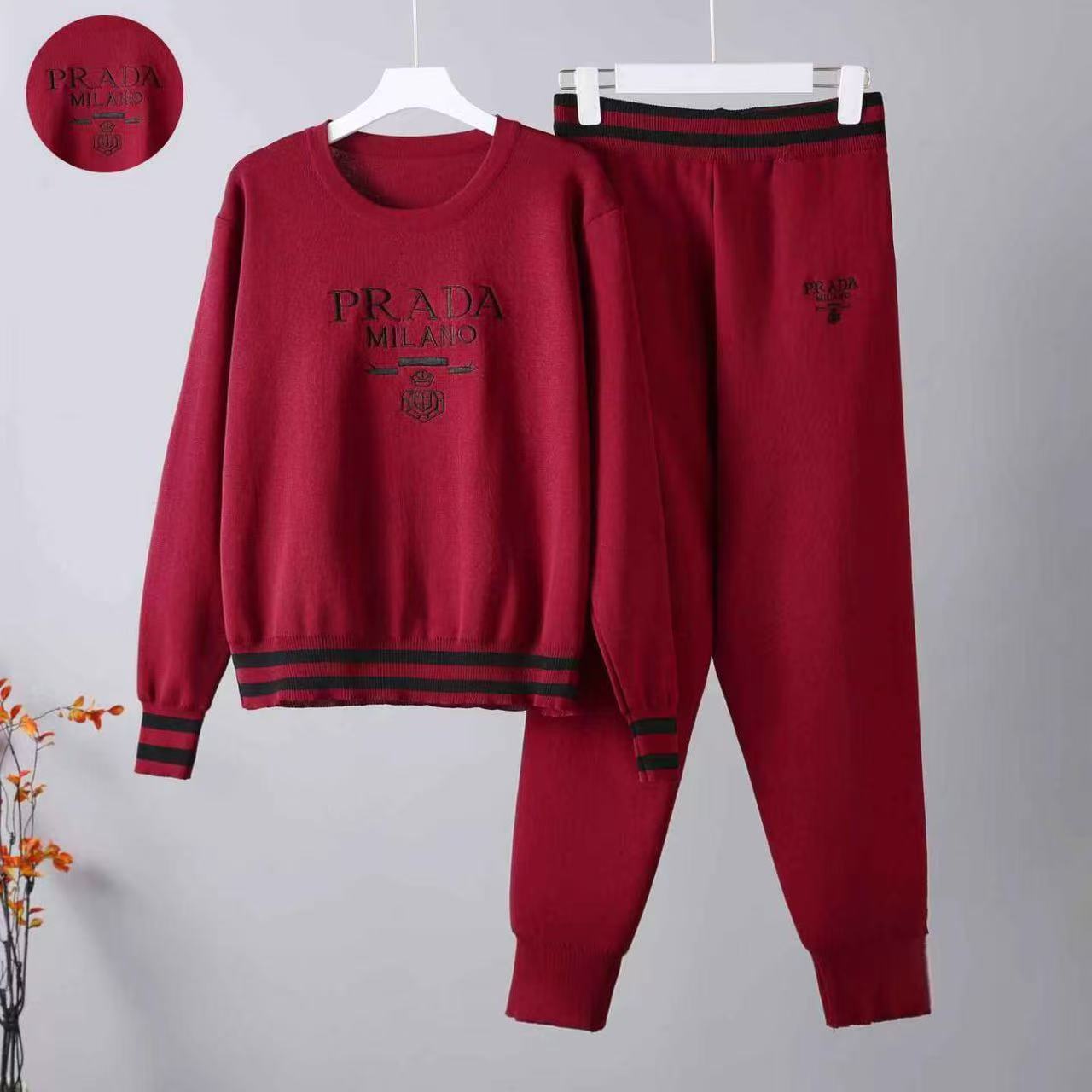 Cross border European and American trendy personalized heavy industry letter printing color blocked round neck top autumn and winter ankle pants knitted two-piece set Cross border European and American trendy personalized heavy industry letter printing color blocked round neck top autumn and winter ankle pants knitted two-piece set