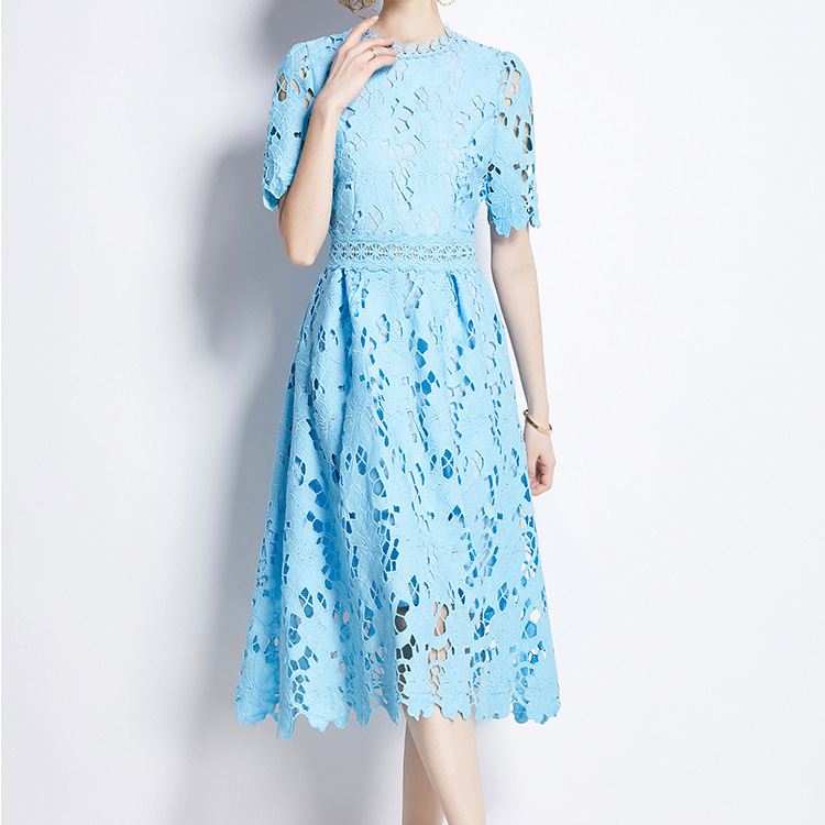 Early Spring Dress 2025 New Women's Heavy Industry Water soluble Lace Hollow Style Medium to Long Solid Color Dress Holiday Skirt