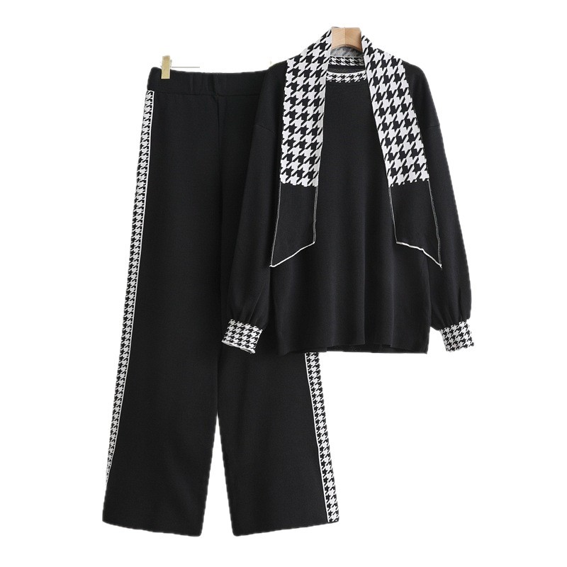 European and American style autumn and winter knitted suit, high waisted temperament knitted top, wide leg pants with a herringbone scarf set European and American style autumn and winter knitted suit, high waisted temperament knitted top, wide leg pants with a herringbone scarf set