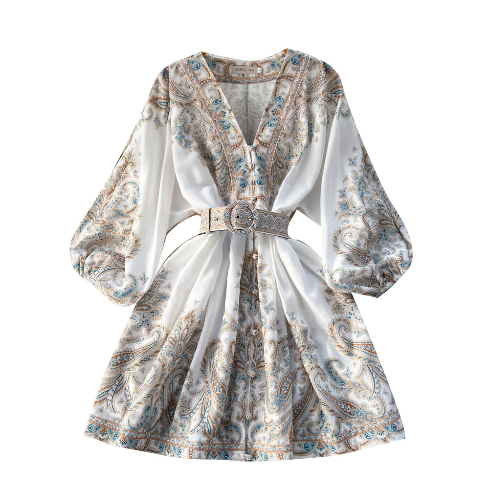 Spring new style French retro printed single breasted V-neck lantern sleeves with cinched waist, mid length, short dress trendy Spring new style French retro printed single breasted V-neck lantern sleeves with cinched waist, mid length, short dress trendy