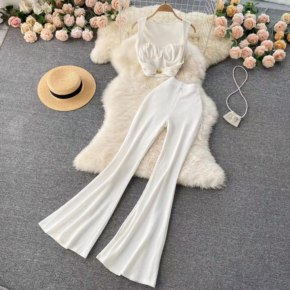 Cross border foreign trade fashion set, female sexy low neck short top, versatile high waisted flared pants, fashionable two-piece set Cross border foreign trade fashion set, female sexy low neck short top, versatile high waisted flared pants, fashionable two-piece set