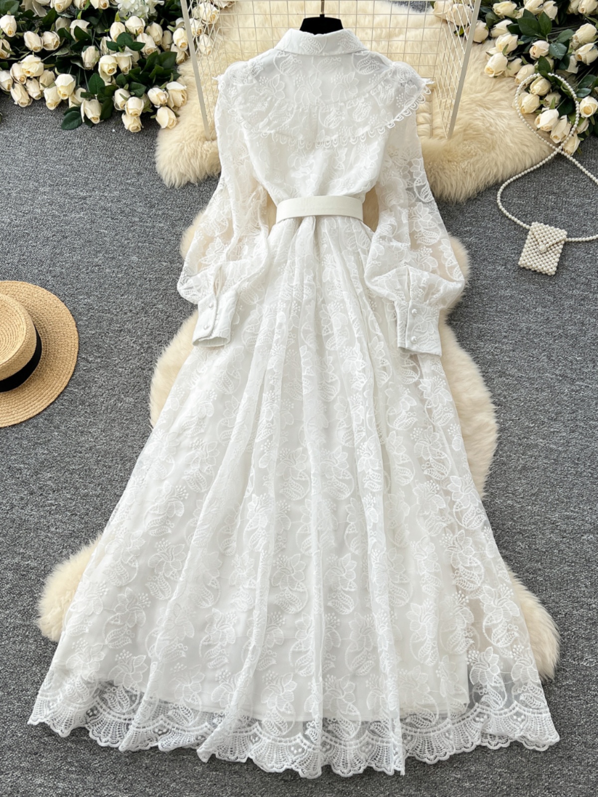 Light luxury socialite style, high-end Polo collar dress, women's spring mesh embroidery, niche design, fairy chic long skirt Light luxury socialite style, high-end Polo collar dress, women's spring mesh embroidery, niche design, fairy chic long skirt