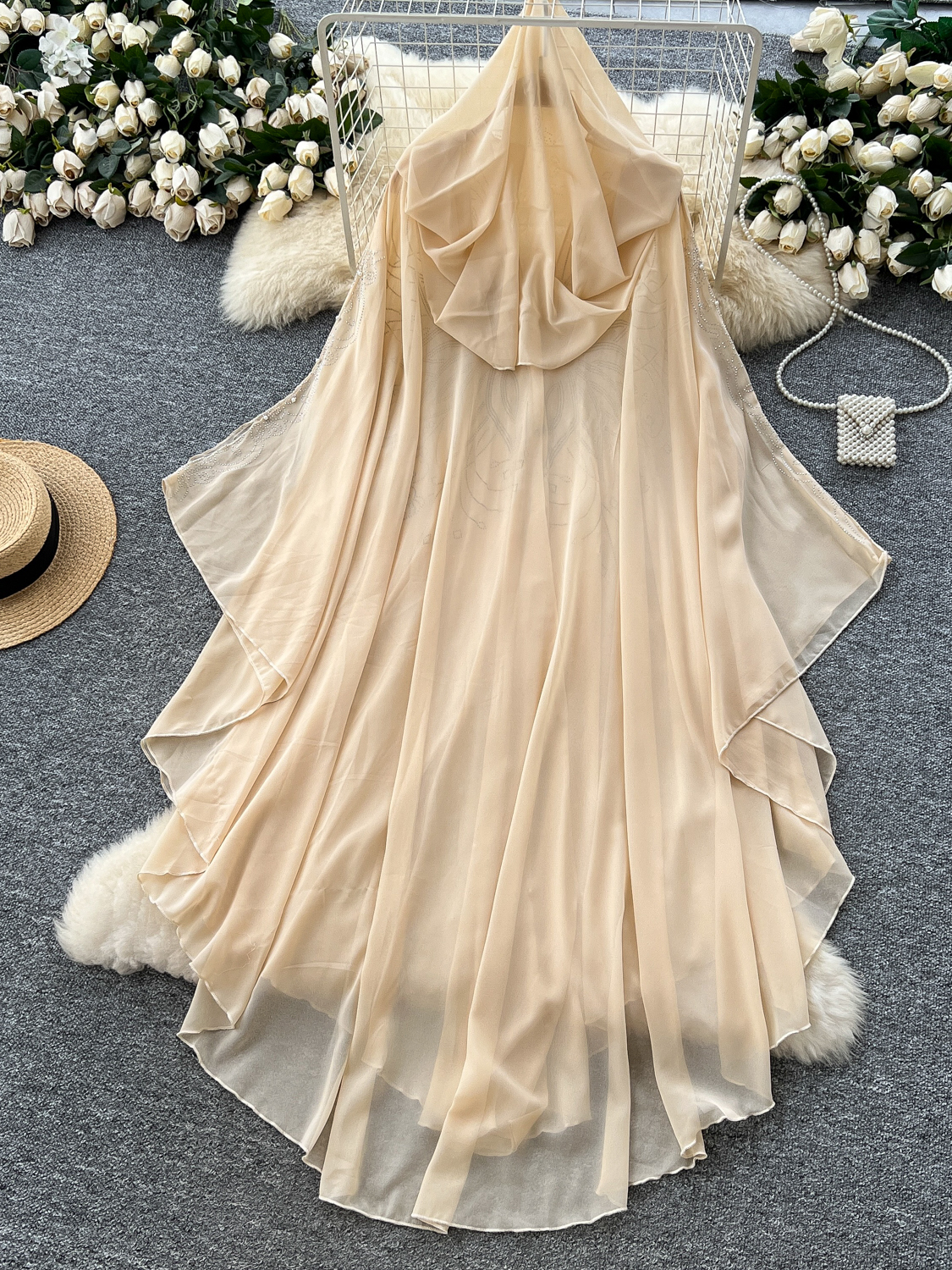 European and American fashion heavy industry nail bead hooded shawl jacket women's summer loose irregular thin cape mesh hood shirt European and American fashion heavy industry nail bead hooded shawl jacket women's summer loose irregular thin cape mesh hood shirt