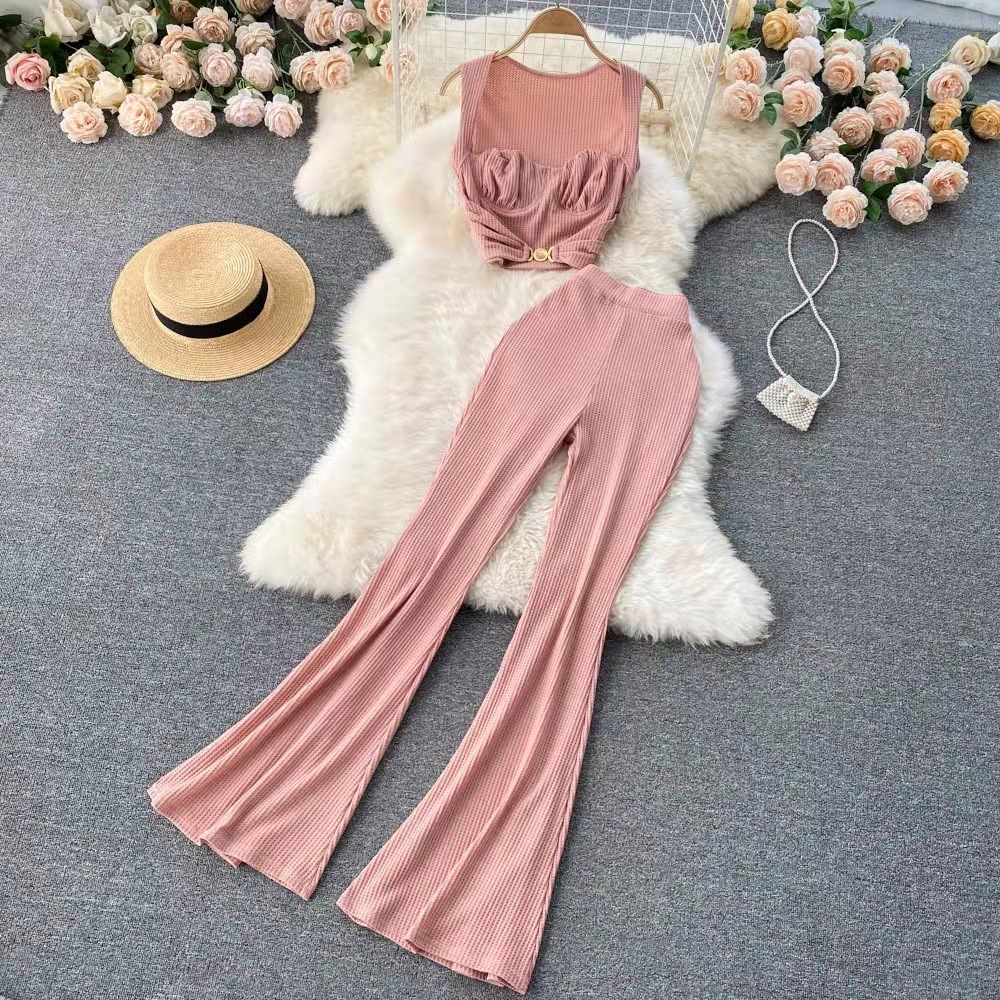 Cross border foreign trade fashion set, female sexy low neck short top, versatile high waisted flared pants, fashionable two-piece set Cross border foreign trade fashion set, female sexy low neck short top, versatile high waisted flared pants, fashionable two-piece set