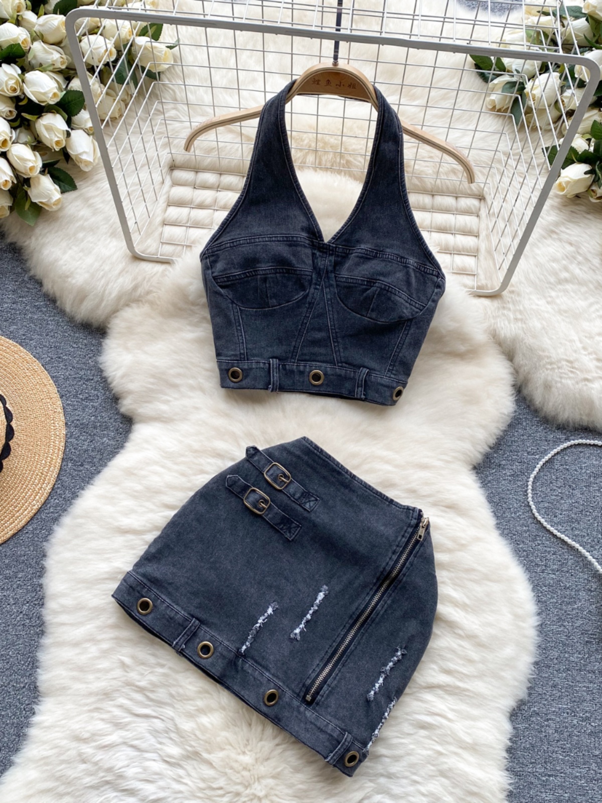 Dopamine Cool and Spicy Denim Set, Women's Summer Retro Design, Hanging Neck Strap Tank Top+High Waist Hip hugging Short Skirt