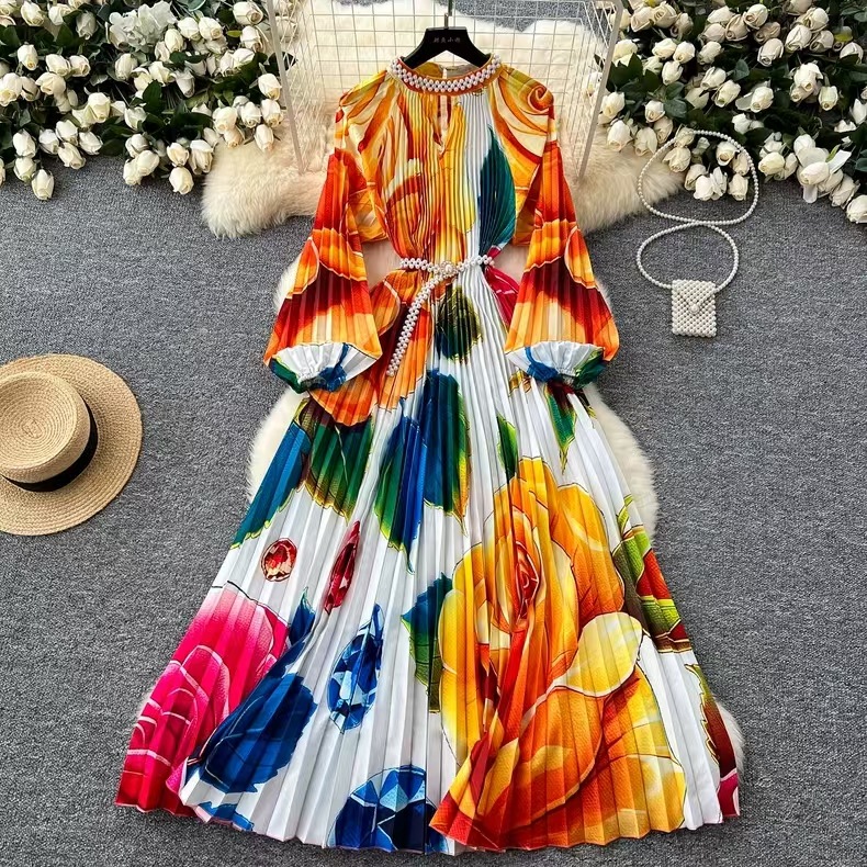 European and American high-end elegant dress, women's fashion nail bead round neck, hollowed out pleated lantern sleeves, cinched waist, printed long skirt