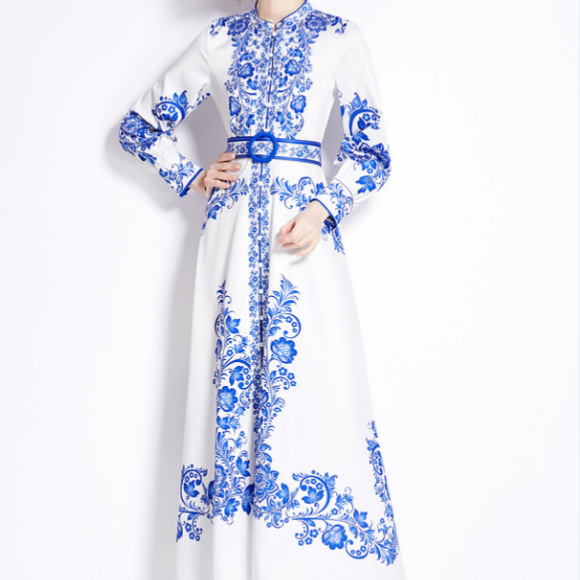 Artistic retro elegant printed dress for women's spring new style French court style waist cinched single breasted socialite long dress