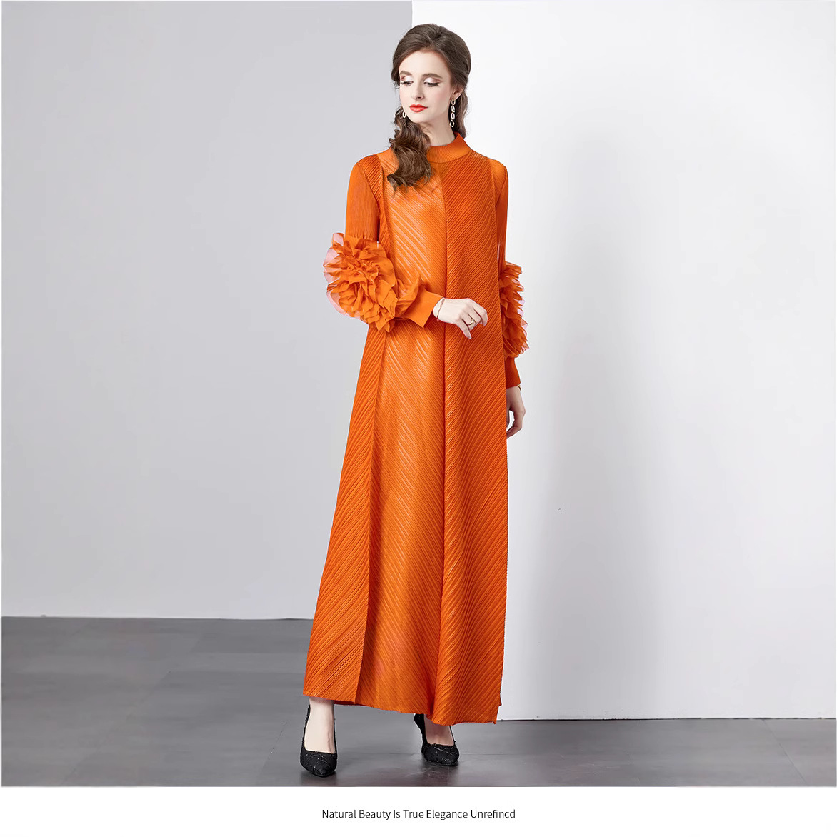 Miyake pleated solid color dress for female niche, light mature style, three-dimensional flower, loose and slimming, with a sense of sagging, European and American style long skirt