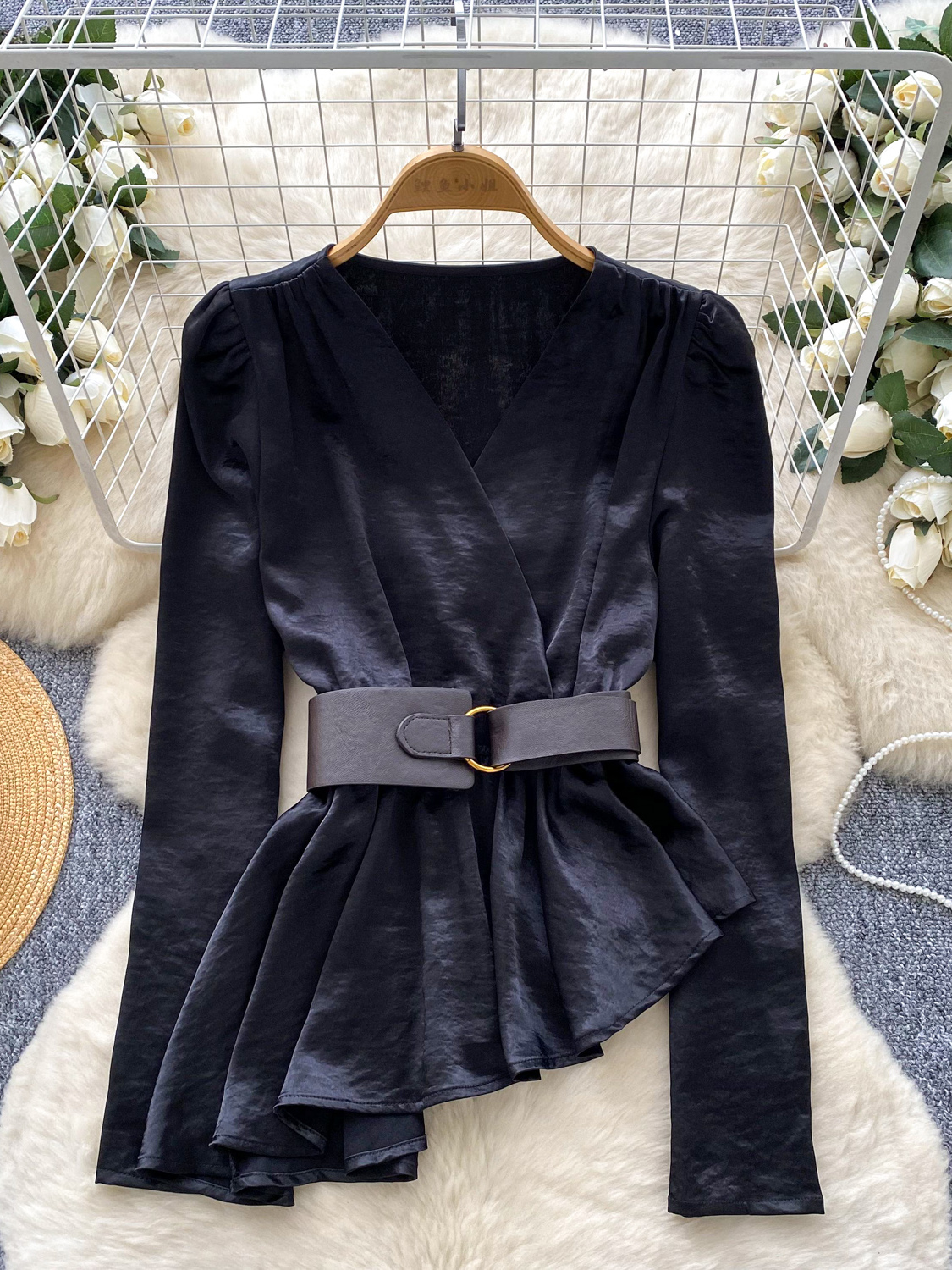 Wealthy heiress style satin long sleeved shirt for women in autumn, irregular belt design, high-end temperament, trendy top Wealthy heiress style satin long sleeved shirt for women in autumn, irregular belt design, high-end temperament, trendy top