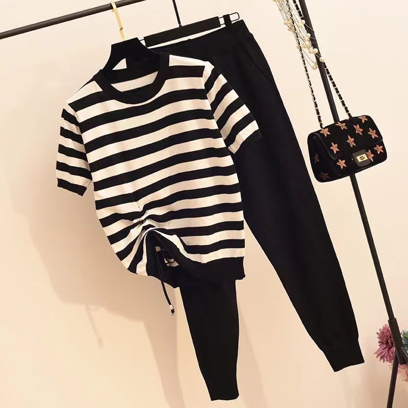 2024 Summer New Set Women's Knitted Casual Fashion Western Style Striped Splicing Drawstring Short Sleeve Knitted Pants 2024 Summer New Set Women's Knitted Casual Fashion Western Style Striped Splicing Drawstring Short Sleeve Knitted Pants