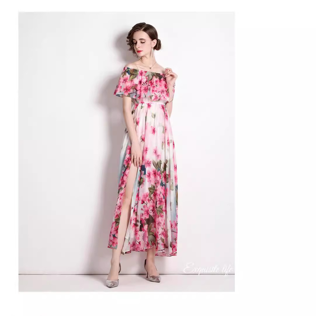 2024 Summer Super Fairy New Lotus Leaf Edge One Word Collar Printed Two Wear Long Dress, High Waist, Slim Look, Big Swing Dress for Women