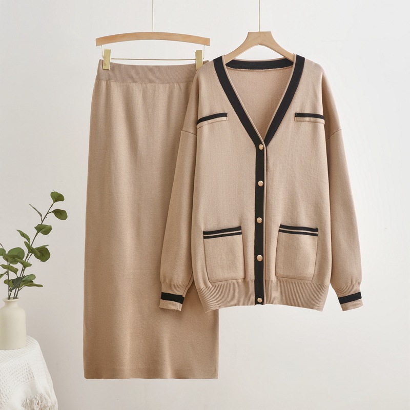 European and American Cross border Fashion Set 2024 Autumn/Winter New Loose Sweater Skirt Set Casual Knitted Two Piece Set