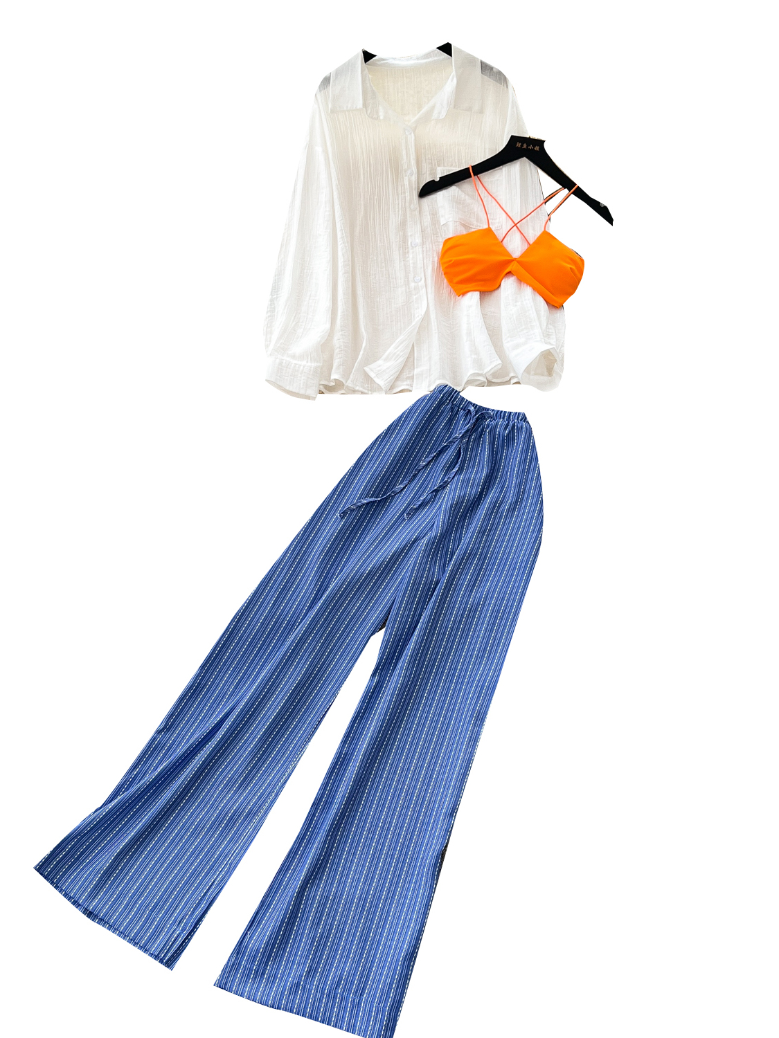 Beach vacation outfit for women, loose casual sun protection cover shirt+bikini camisole+striped wide leg pants Beach vacation outfit for women, loose casual sun protection cover shirt+bikini camisole+striped wide leg pants