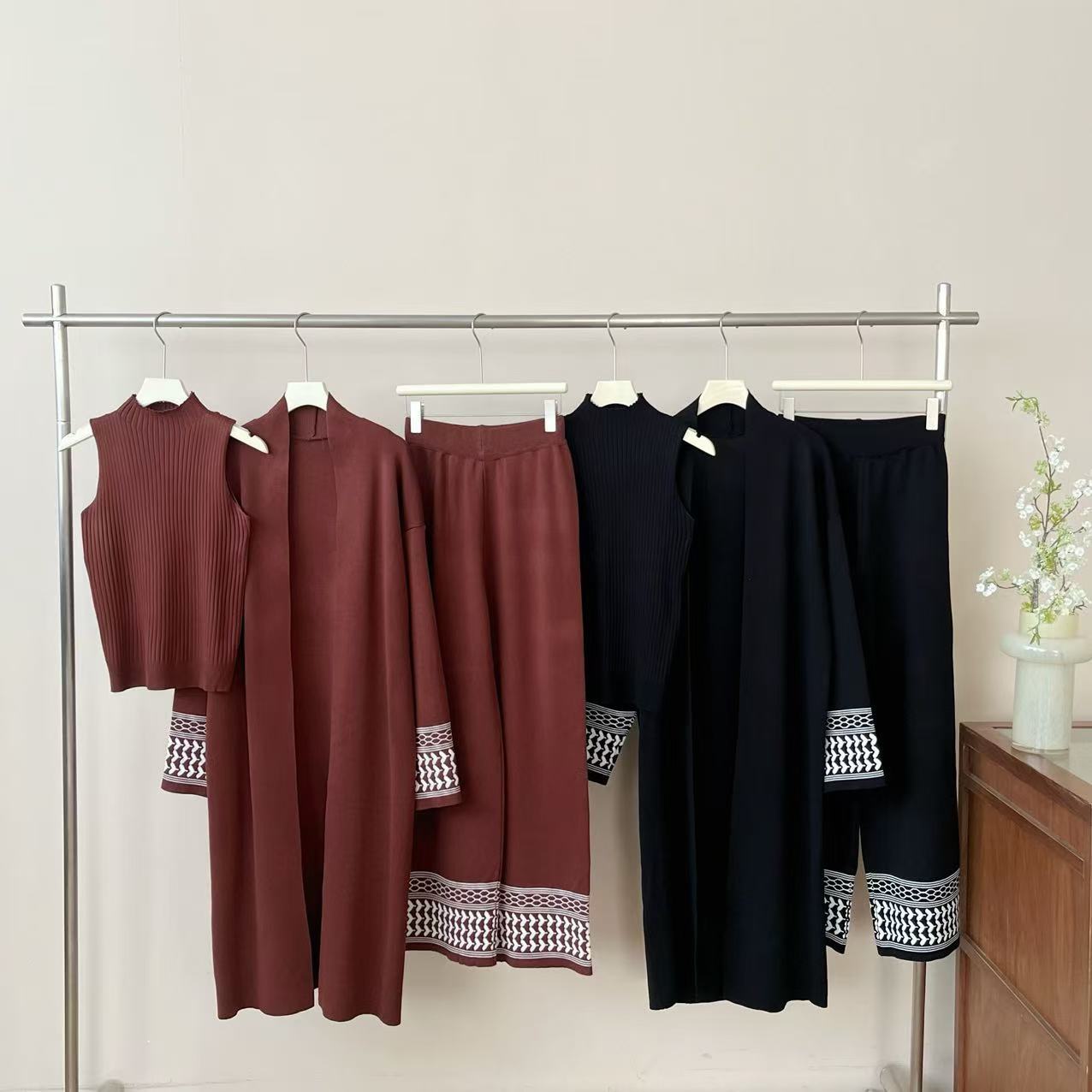 European and American fashion casual autumn and winter set new temperament knitted sweater shawl three piece set wide leg pants